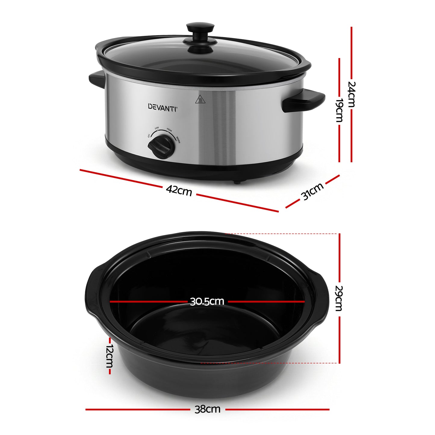 Devanti 6.5L Slow Cooker Electric Multi Cooker with 3 Heat Settings and Keep Warm Function
