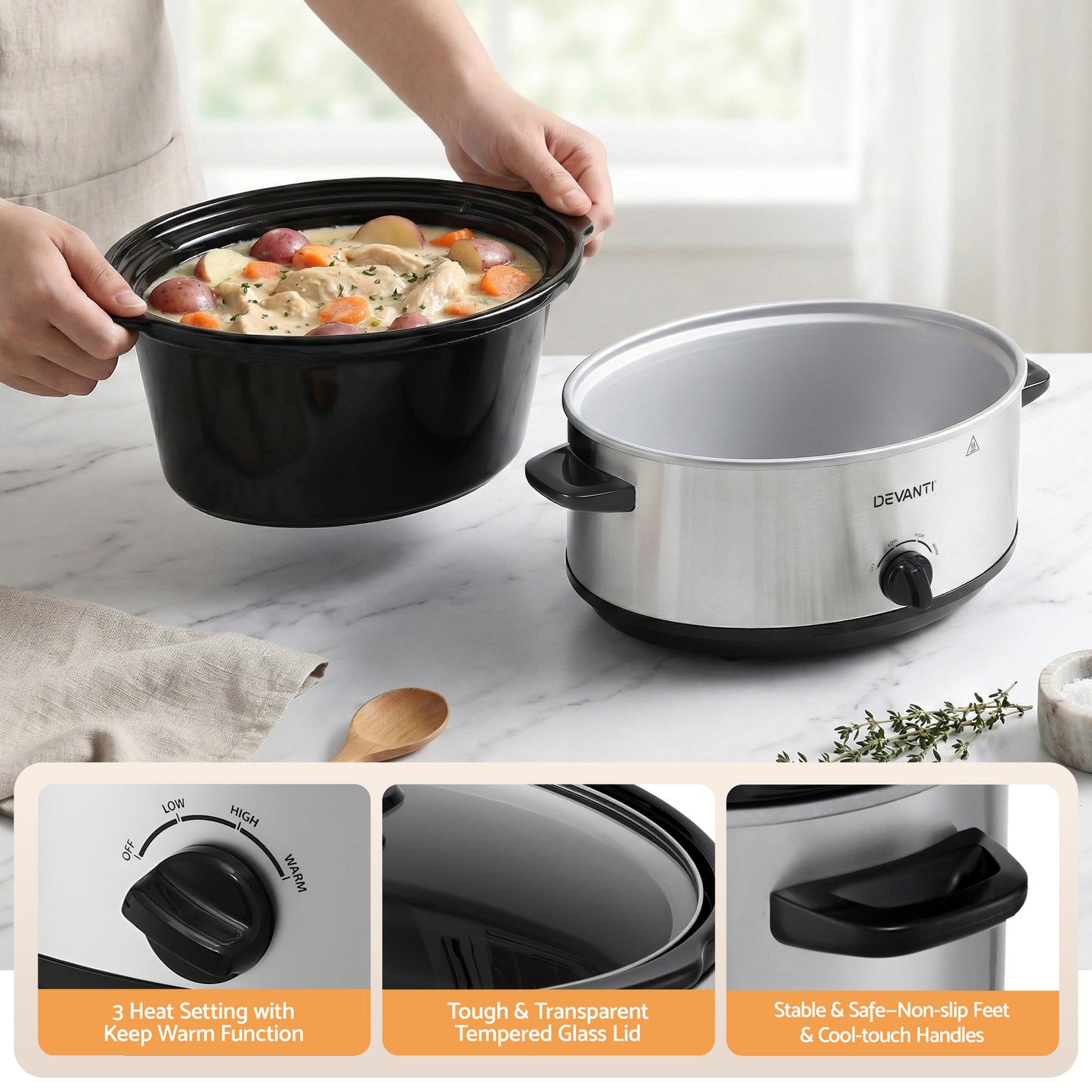 Devanti 6.5L Slow Cooker Electric Multi Cooker with 3 Heat Settings and Keep Warm Function