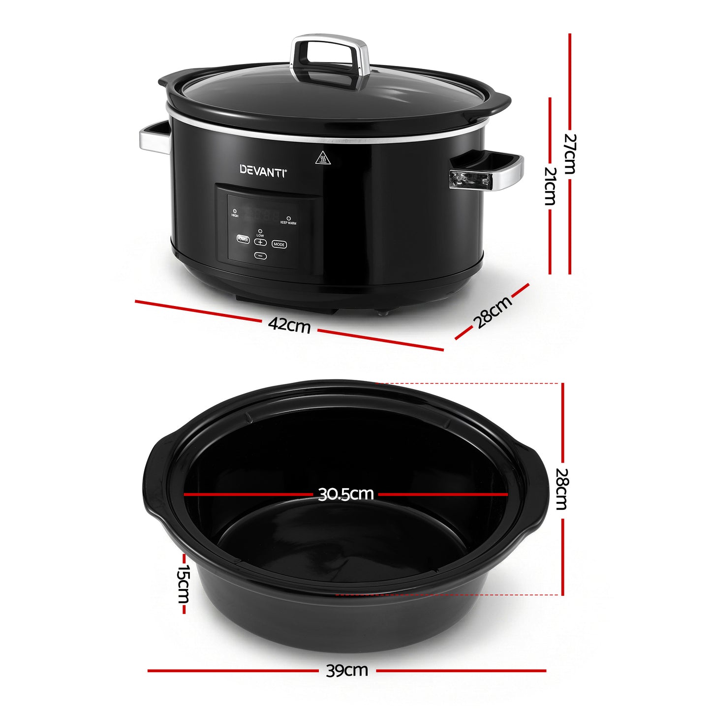 Devanti 8L Slow Cooker Electric Multi Cooker with 3 Heat Settings and Keep Warm Function