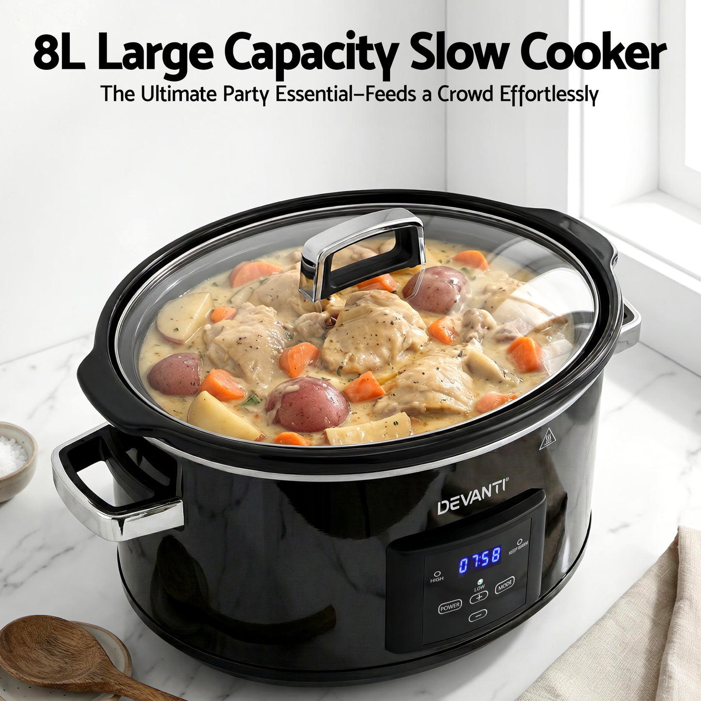 Devanti 8L Slow Cooker Electric Multi Cooker with 3 Heat Settings and Keep Warm Function