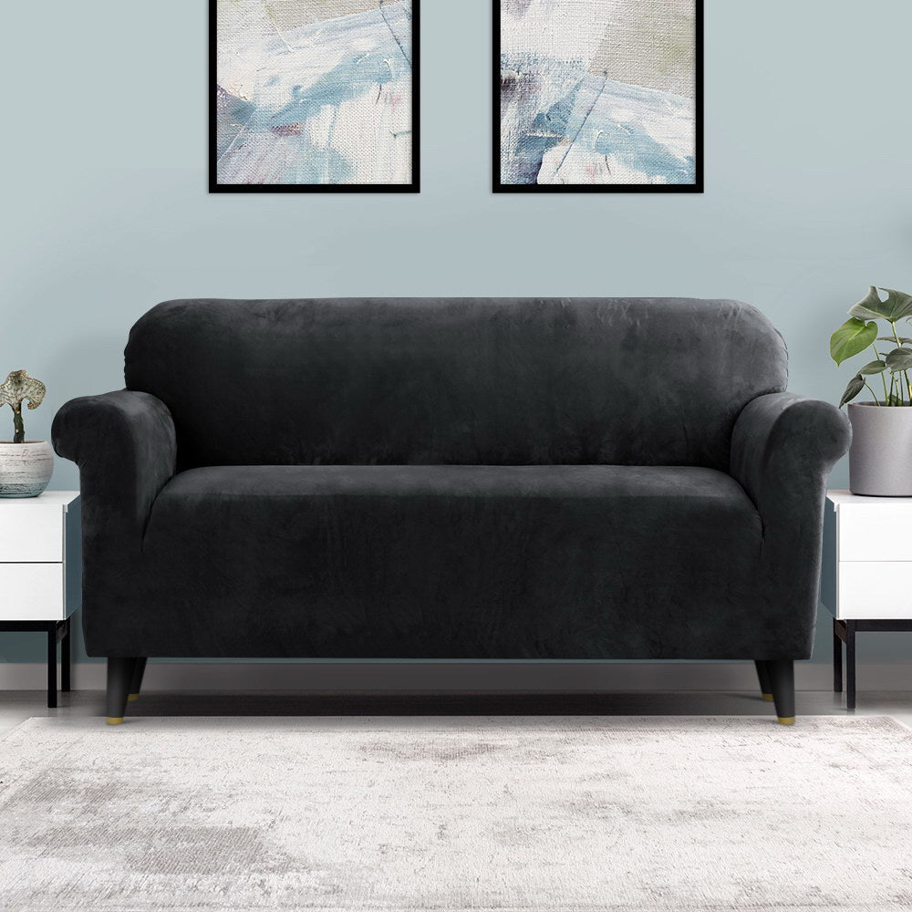 Artiss Sofa Cover Couch Covers 3 Seater Velvet Black-7