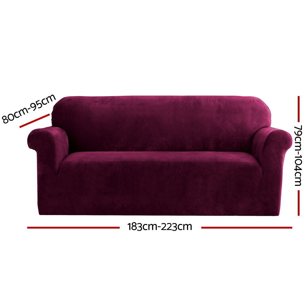 Artiss Sofa Cover Couch Covers 3 Seater Velvet Ruby Red-1