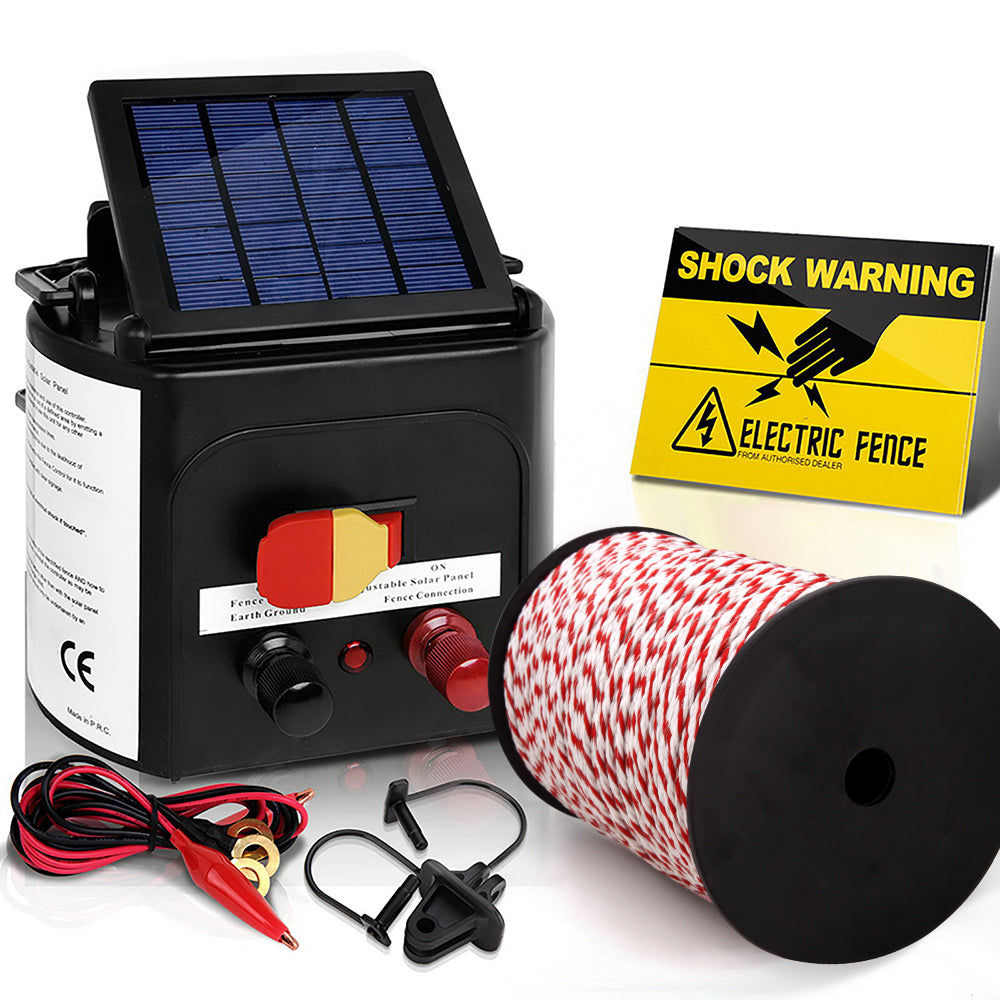 Giantz Fence Energiser 3KM Solar Powered Electric 500M Poly Rope-0