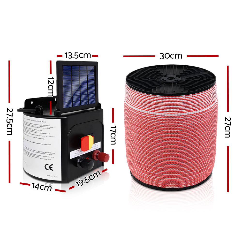 Giantz Fence Energiser 3KM Solar Powered Electric 1200M Poly Tape-1