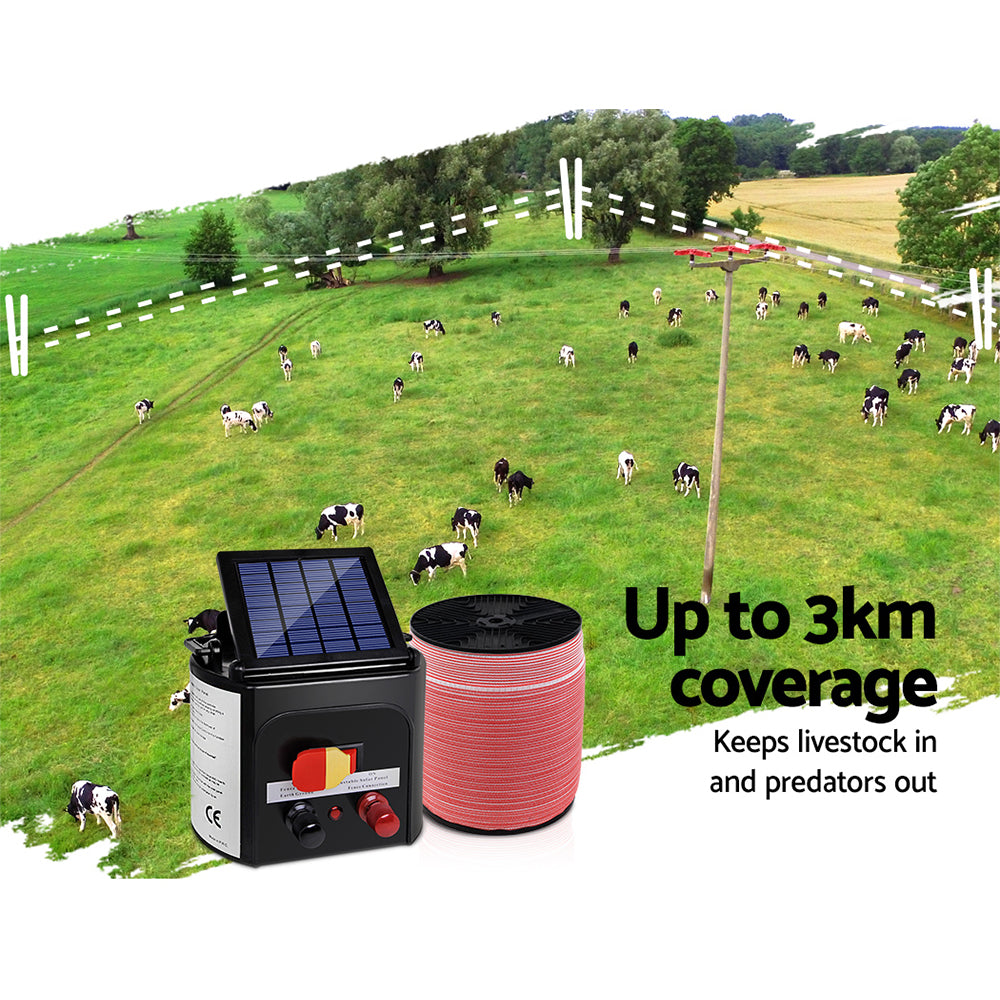 Giantz Fence Energiser 3KM Solar Powered Electric 1200M Poly Tape-3