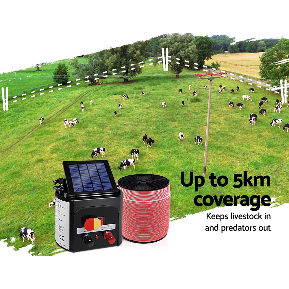 Giantz Fence Energiser 5KM Solar Powered Electric 2000M Poly Tape-3