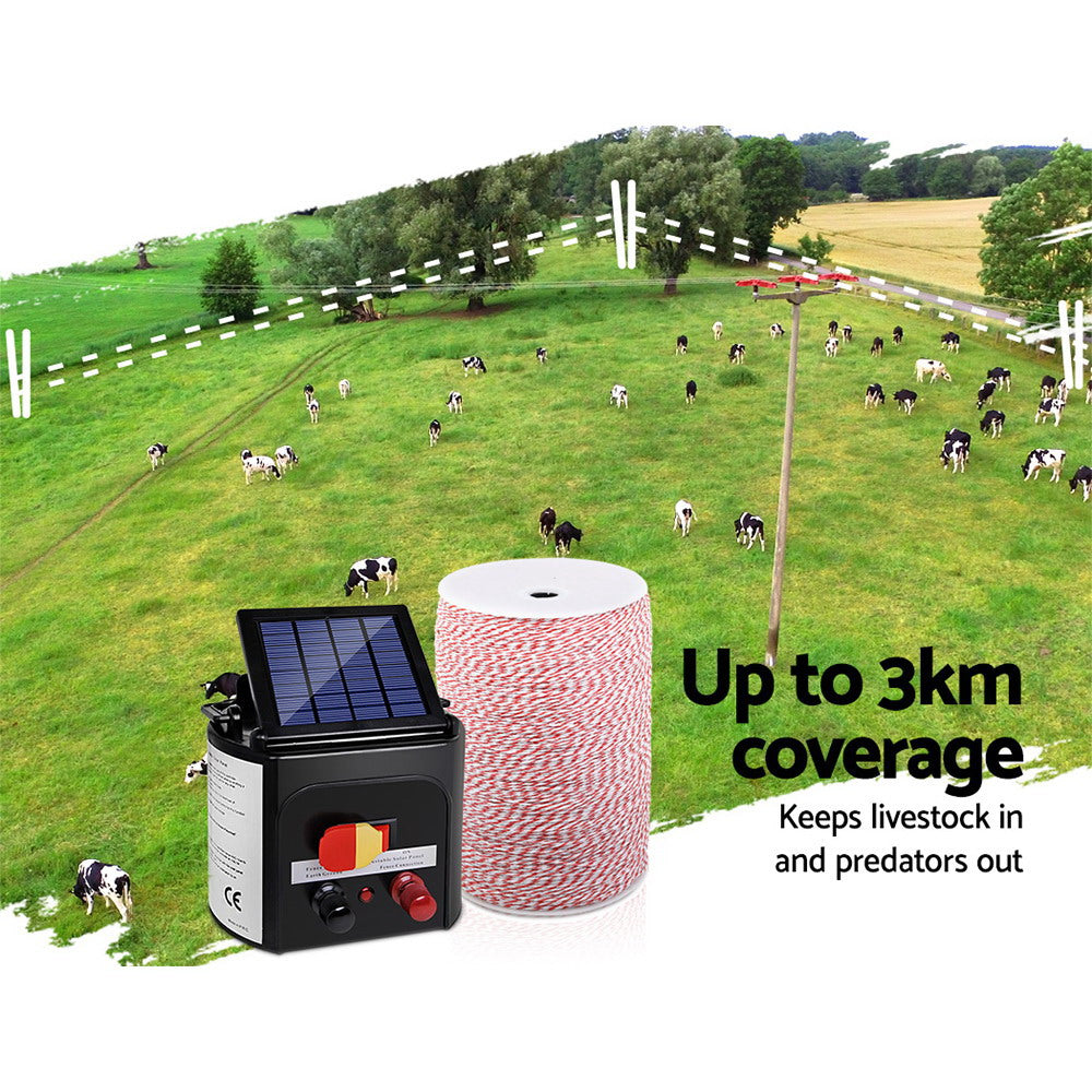 Giantz Fence Energiser 3KM Solar Powered Electric 2KM Poly Wire-5