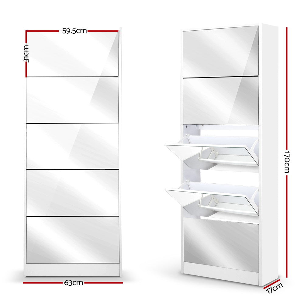 Artiss Shoe Rack Cabinet Mirror 25 Pairs White-3