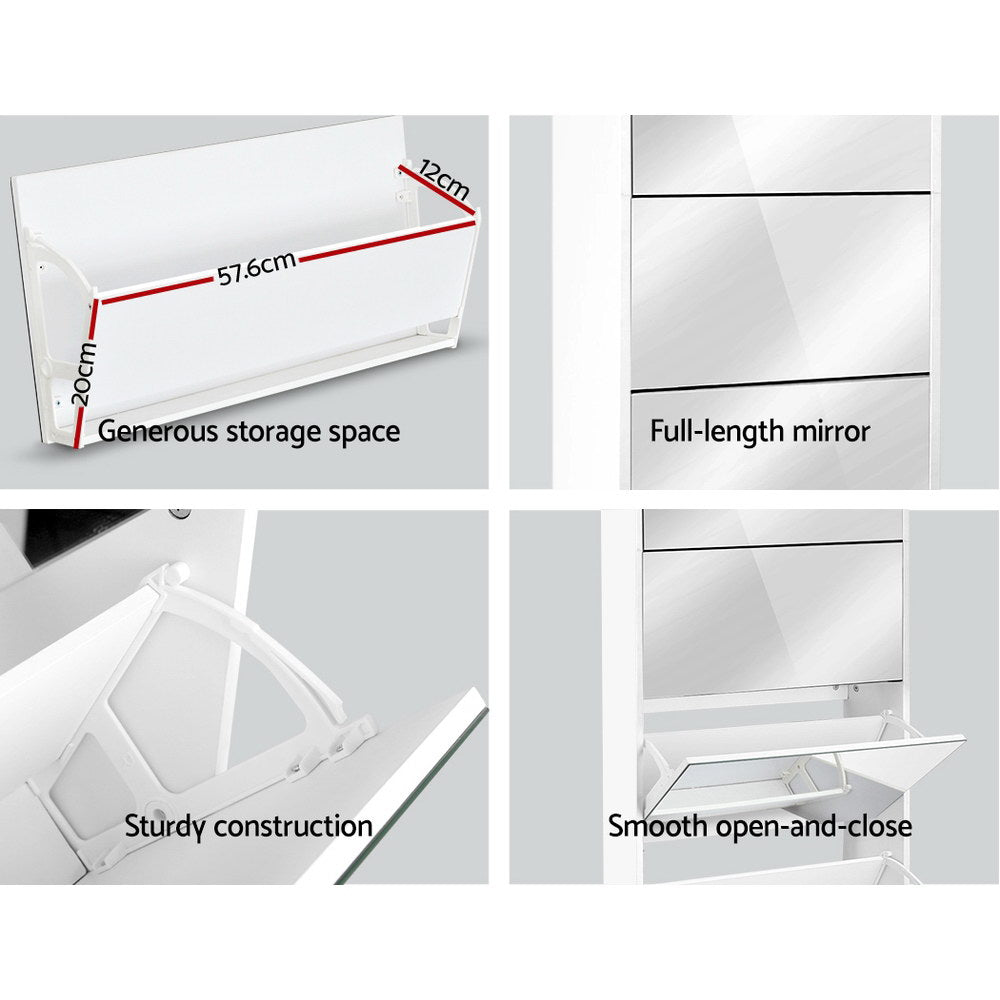 Artiss Shoe Rack Cabinet Mirror 25 Pairs White-7