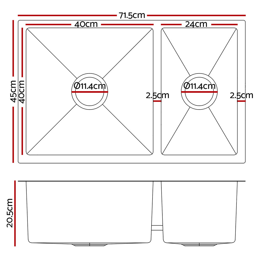 Cefito Kitchen Sink 71X45CM Stainless Steel Basin Double Bowl Silver-1