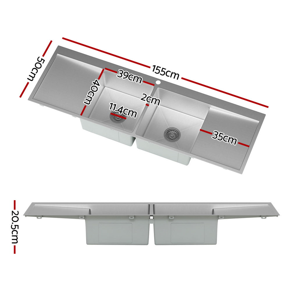 Cefito Kitchen Sink Basin Stainless Steel Under/Top/Flush Mount Bowl 155X50CM-1