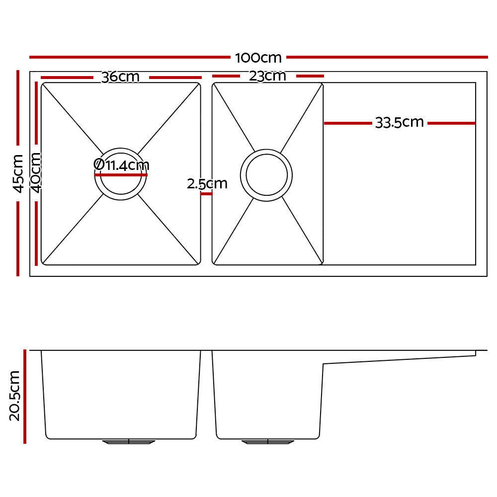 Cefito Kitchen Sink 100X45CM Stainless Steel Basin Double Bowl Black-1