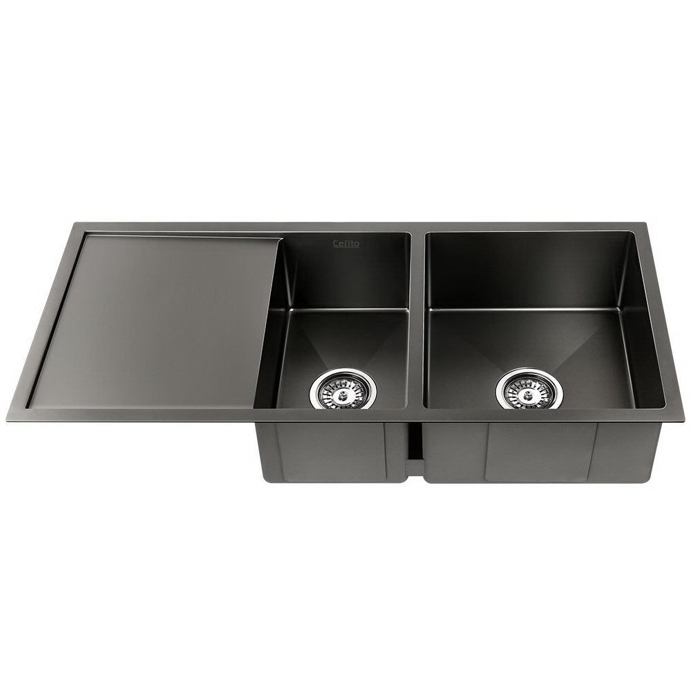 Cefito Kitchen Sink 100X45CM Stainless Steel Basin Double Bowl Black-2