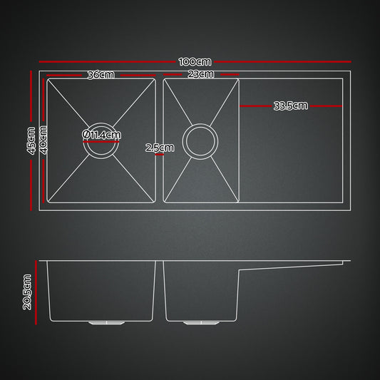 Cefito Stainless Steel Sink 100x45CM With Pull Out Mixer Tap Kitchen Basin Double Bowl Black