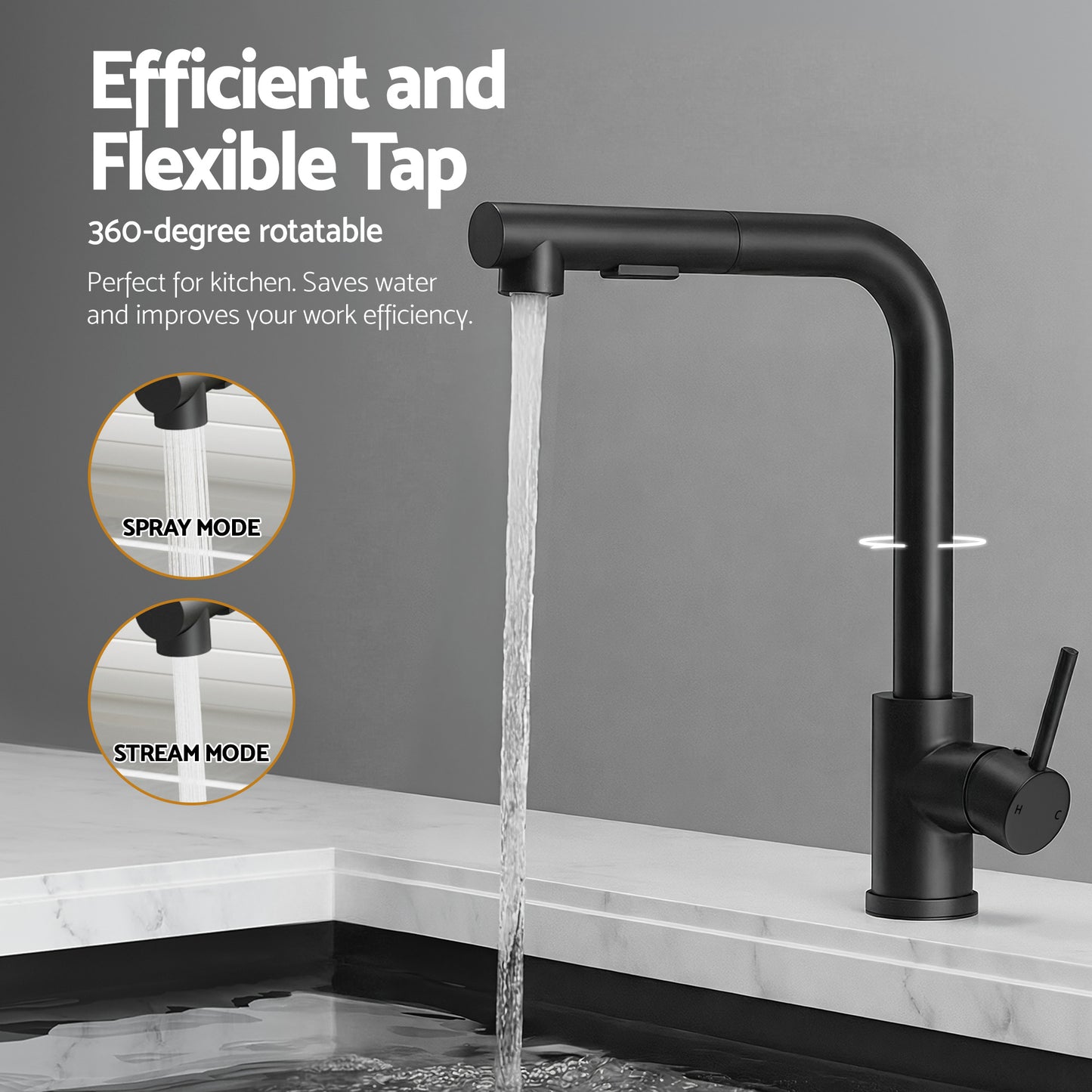 Cefito Stainless Steel Sink 44x44CM With Pull Out Mixer Tap Kitchen Basin Single Bowl Black