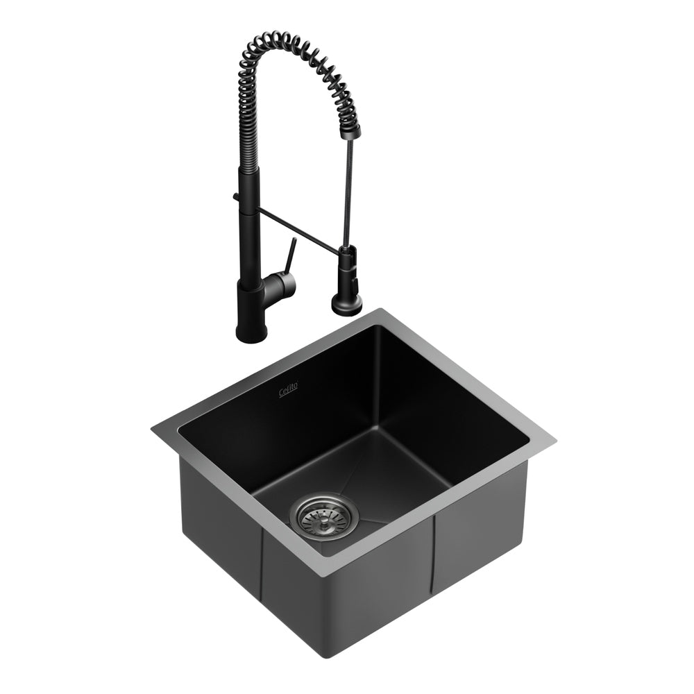 Cefito Stainless Steel Sink 51x45CM With Pull Out Mixer Tap Kitchen Single Bowl Black-0