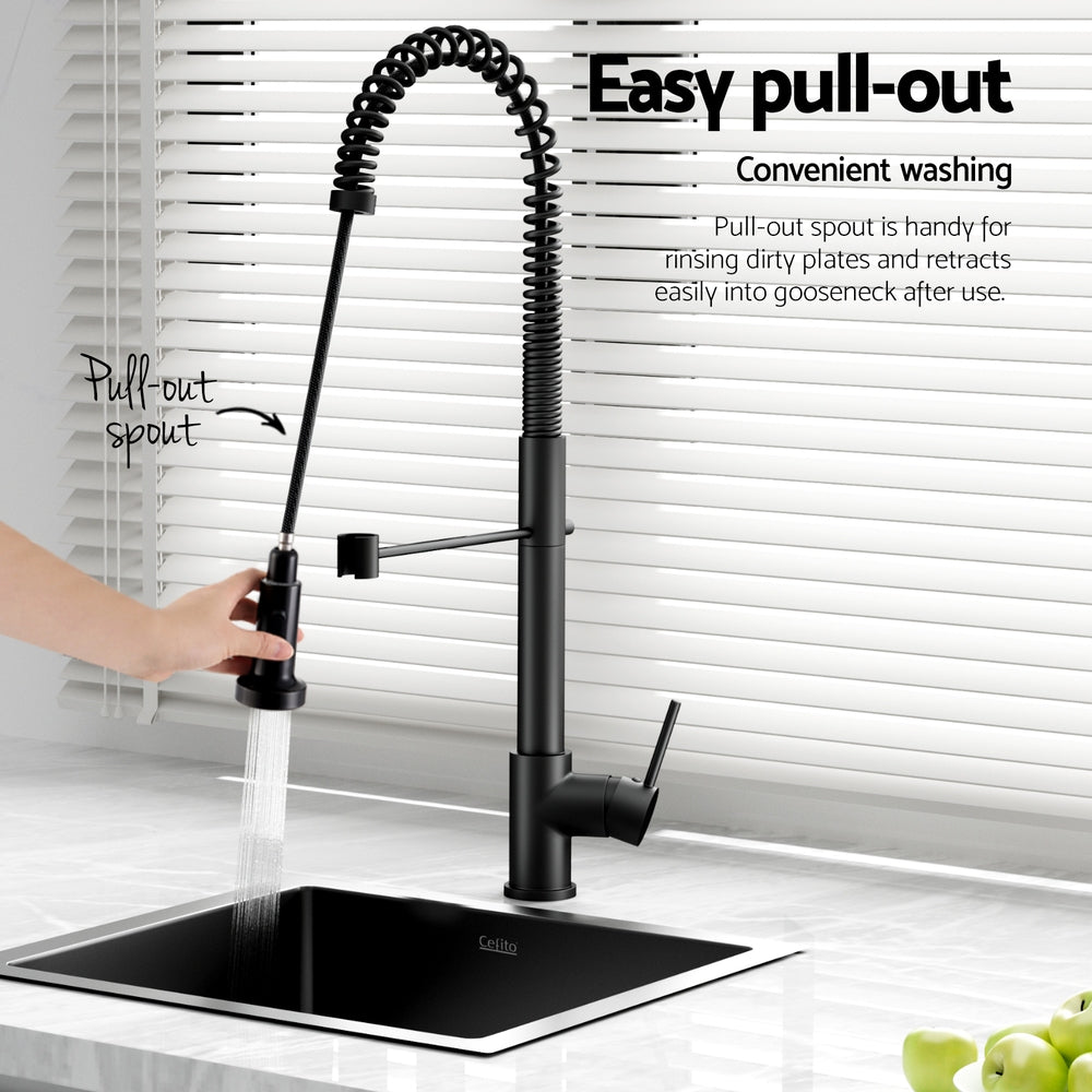 Cefito Stainless Steel Sink 51x45CM With Pull Out Mixer Tap Kitchen Single Bowl Black-5