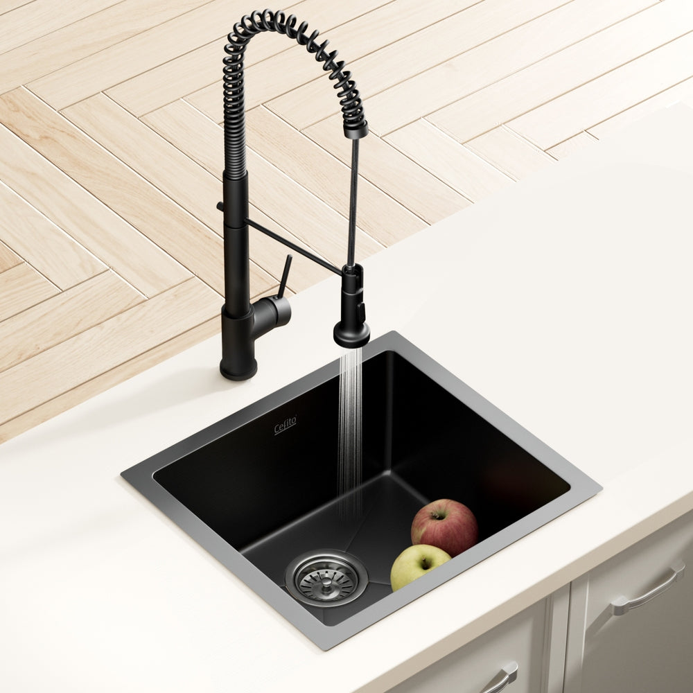 Cefito Stainless Steel Sink 51x45CM With Pull Out Mixer Tap Kitchen Single Bowl Black-6