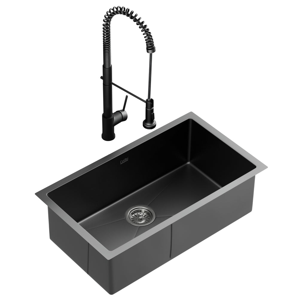 Cefito Stainless Steel Sink 70x45CM With Pull Out Mixer Tap Kitchen Basin Single Bowl Black-0