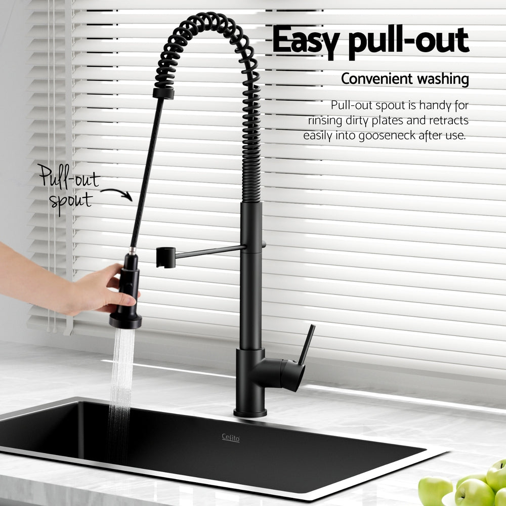 Cefito Stainless Steel Sink 70x45CM With Pull Out Mixer Tap Kitchen Basin Single Bowl Black-5