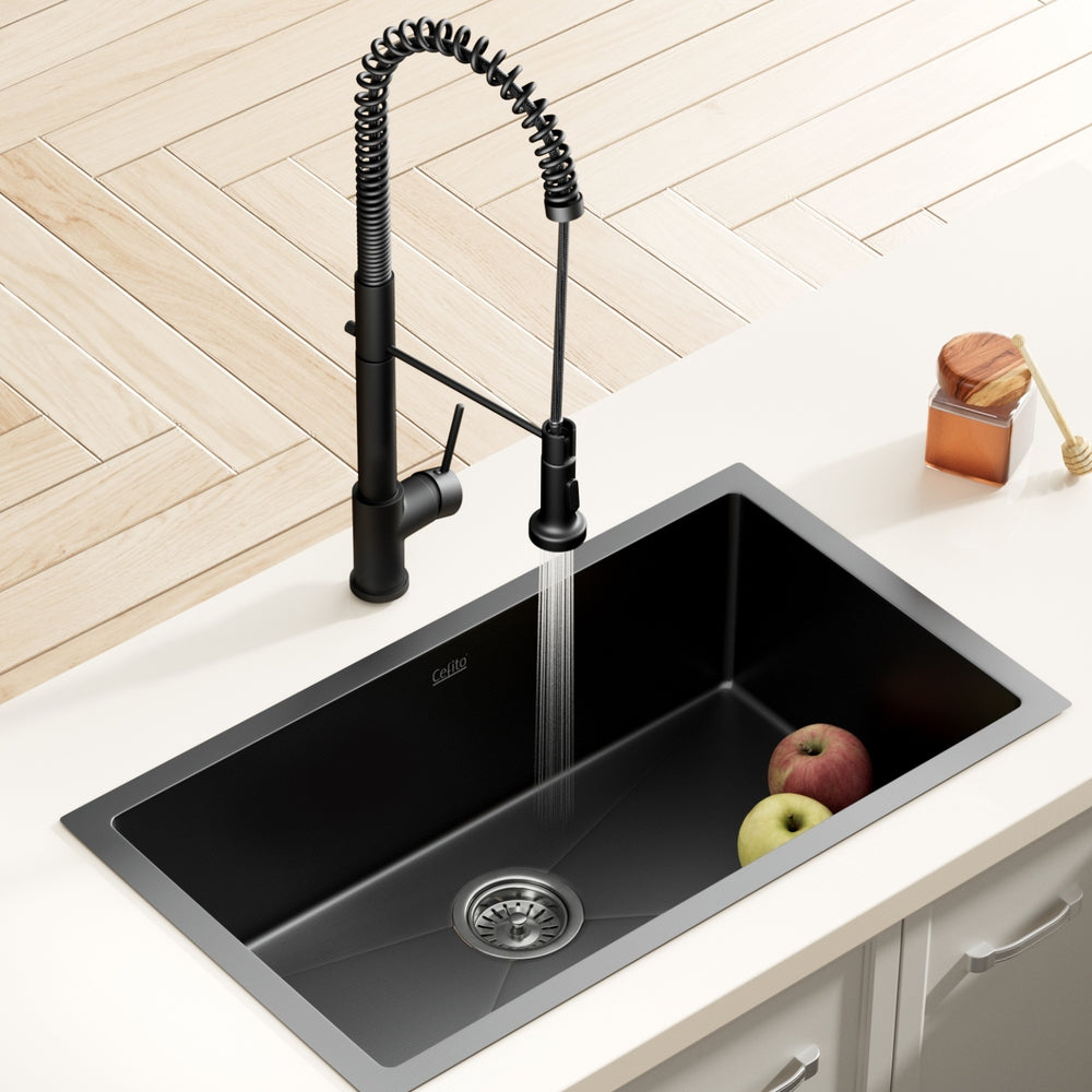 Cefito Stainless Steel Sink 70x45CM With Pull Out Mixer Tap Kitchen Basin Single Bowl Black-6