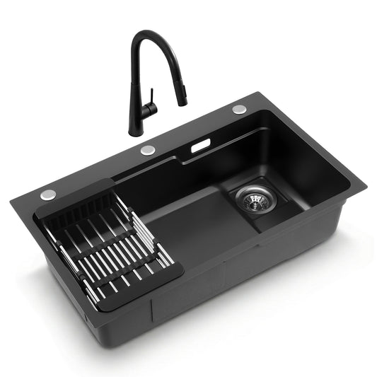 Cefito Stainless Steel Sink 75x45CM With Pull Out Mixer Tap Kitchen Basin Single Bowl Black