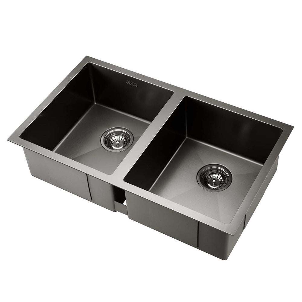 Cefito Kitchen Sink 77X45CM Stainless Steel Basin Double Bowl Black-0