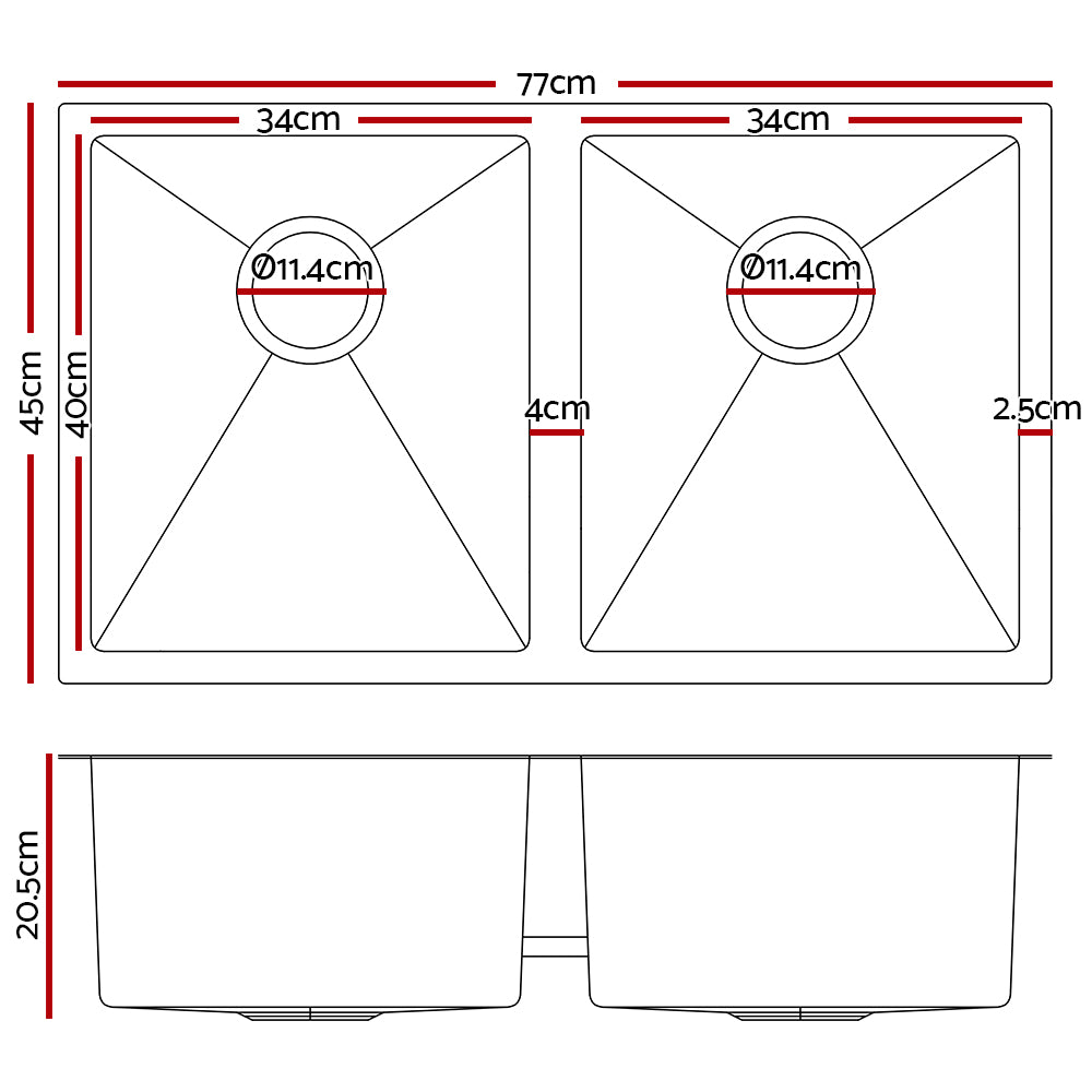 Cefito Kitchen Sink 77X45CM Stainless Steel Basin Double Bowl Black-1