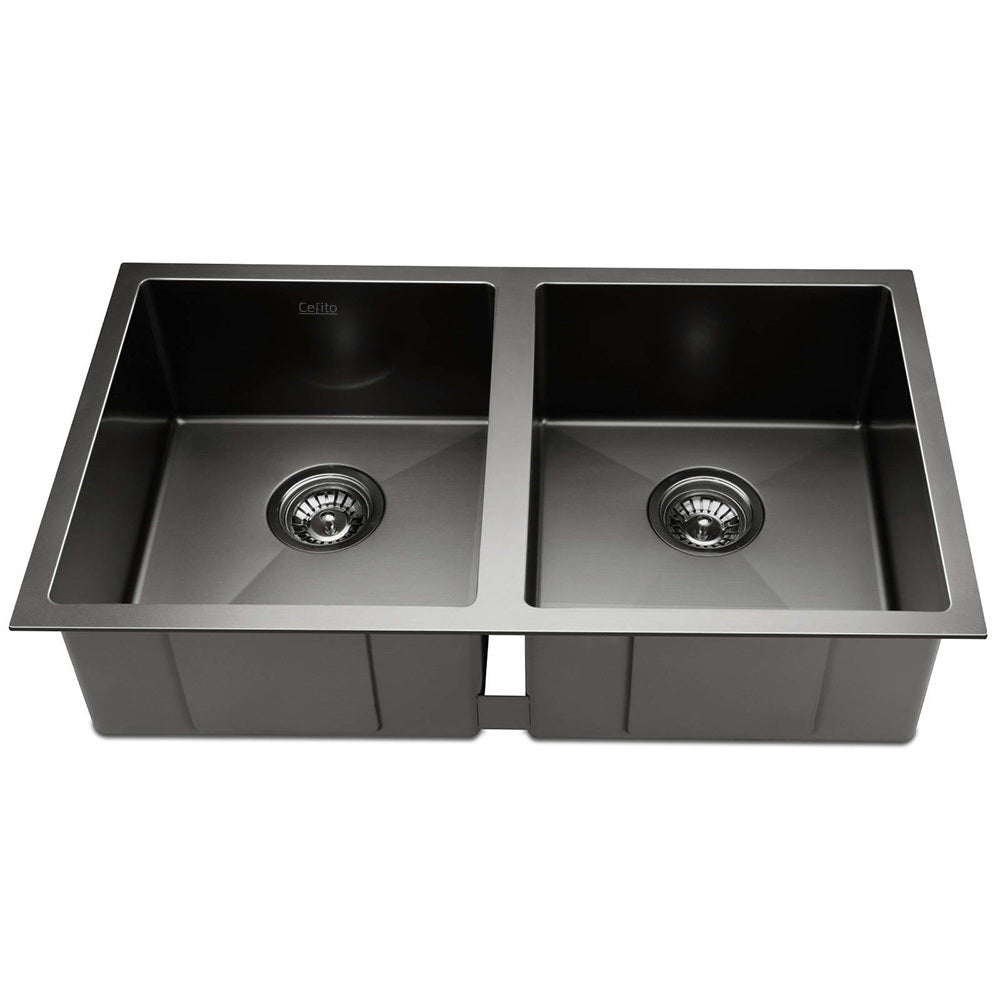 Cefito Kitchen Sink 77X45CM Stainless Steel Basin Double Bowl Black-2