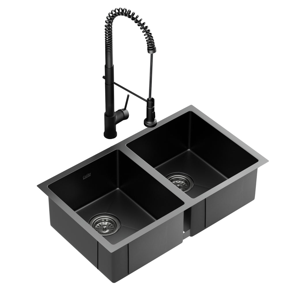 Cefito Stainless Steel Sink 77x45CM With Pull Out Mixer Tap Kitchen Double Bowl Black-0