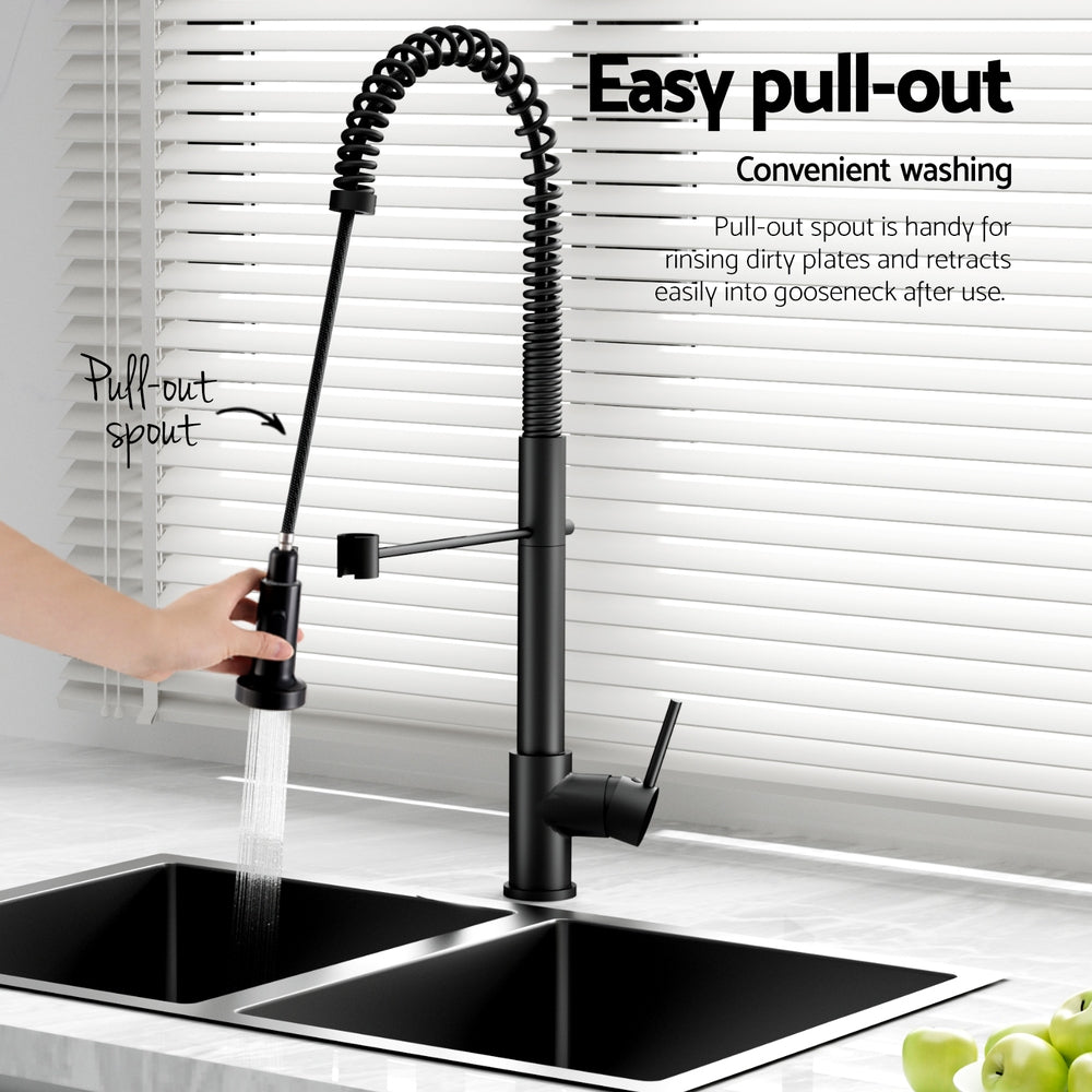 Cefito Stainless Steel Sink 77x45CM With Pull Out Mixer Tap Kitchen Double Bowl Black-5