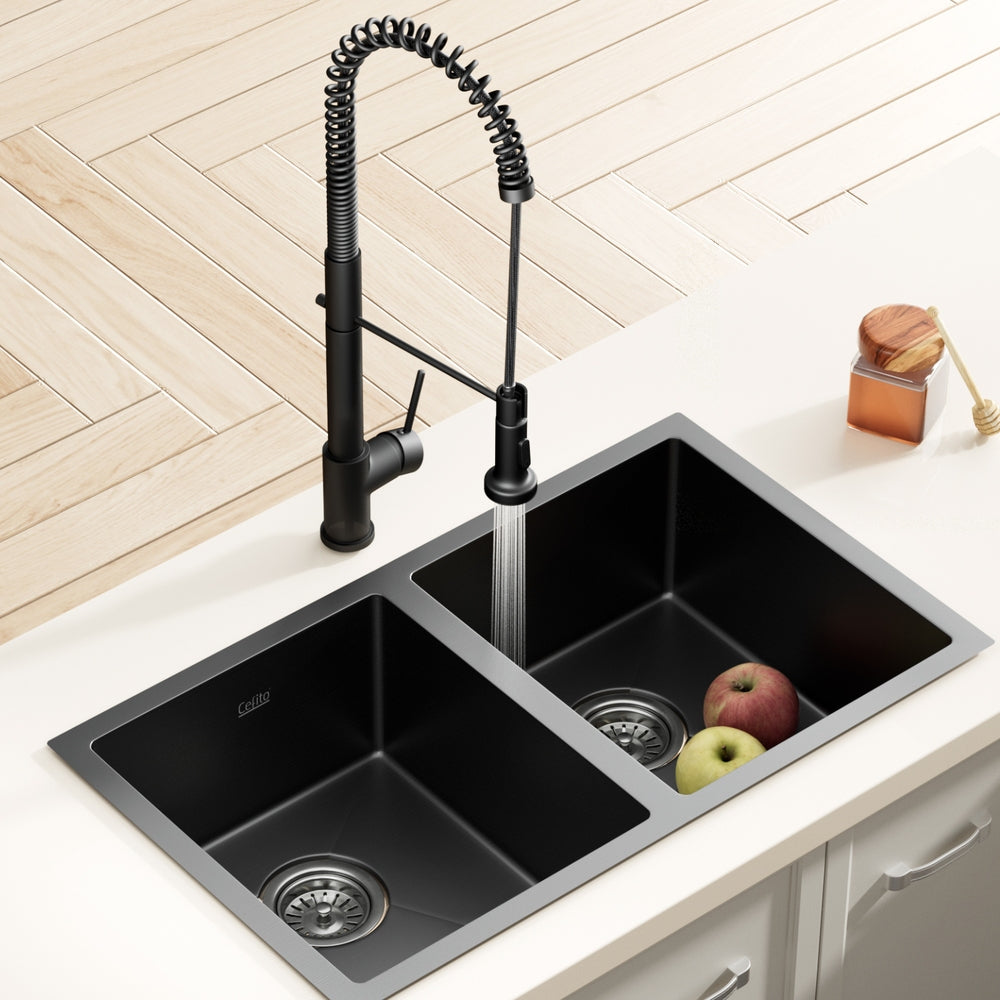 Cefito Stainless Steel Sink 77x45CM With Pull Out Mixer Tap Kitchen Double Bowl Black-6