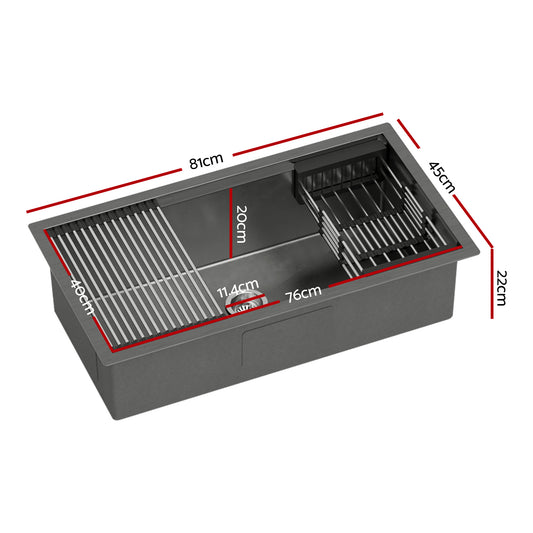 Cefito Stainless Steel Sink 81x45CM With Pull Out Mixer Tap Kitchen Basin Single Bowl Black