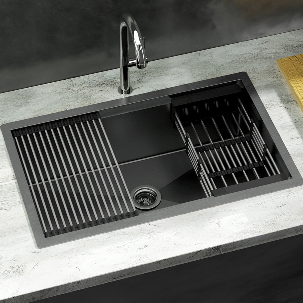 Cefito Kitchen Sink 70X45CM Stainless Steel Single Bowl Drain Rack Basket Black-6