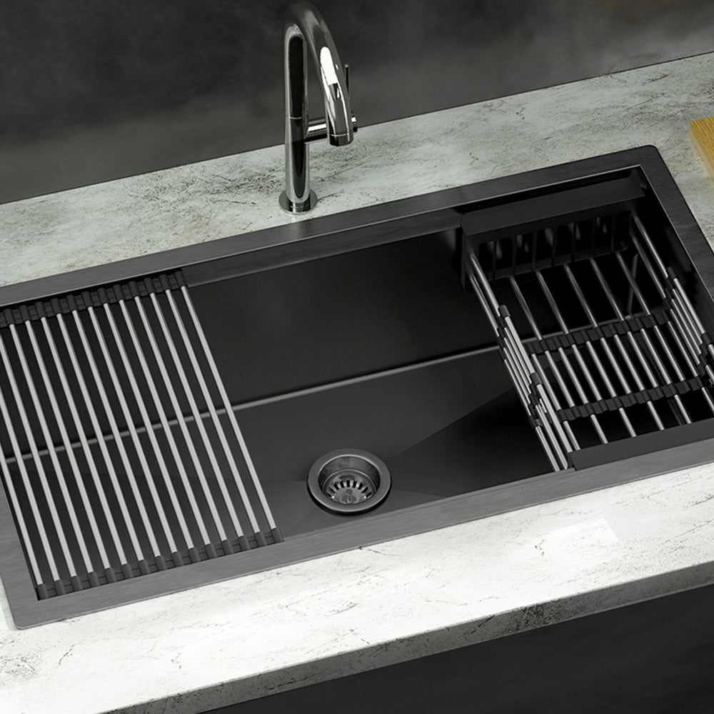 Cefito Kitchen Sink 81X45CM Stainless Steel Single Bowl Drain Rack Basket Black-6