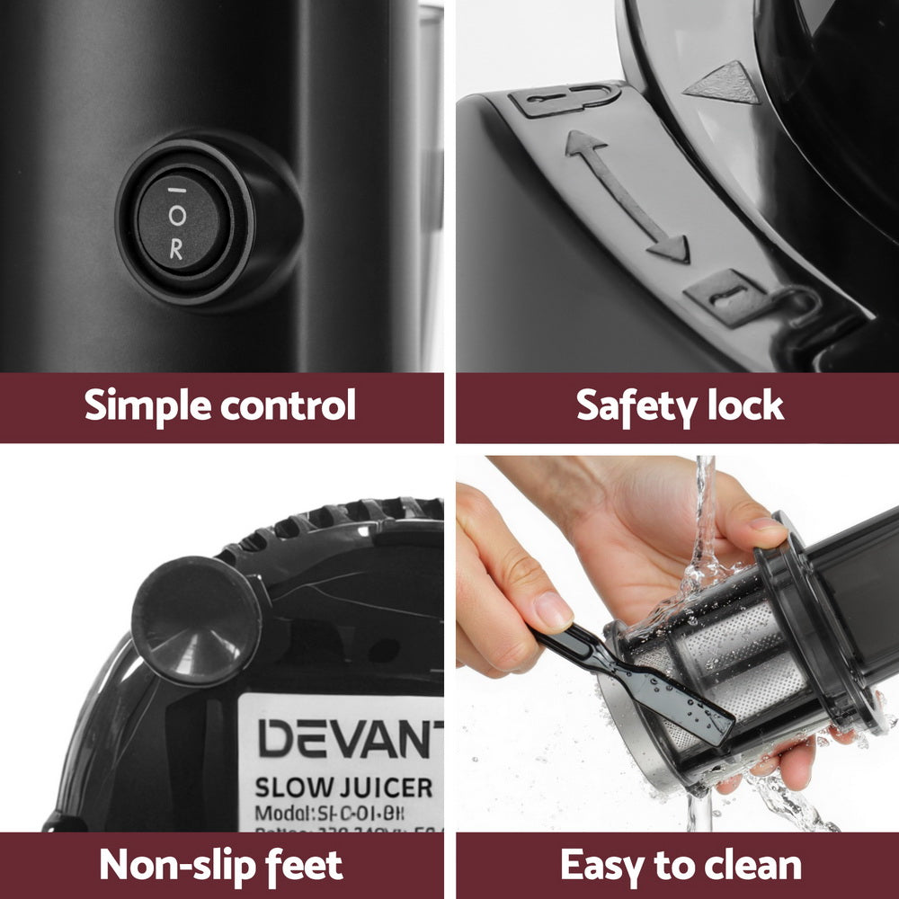 Devanti Slow Juicer Cold Press Fruit Juice Extractor 130W Black-5