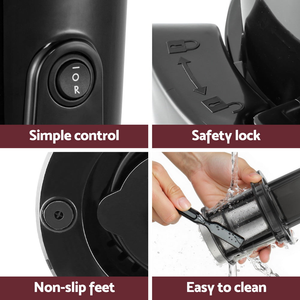 Devanti Slow Juicer Cold Press Fruit Juice Extractor 200W Black-5