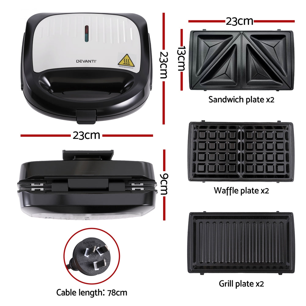 Devanti 3-in-1 Sandwich Press Waffle Maker Panini Press Grill 850W-1