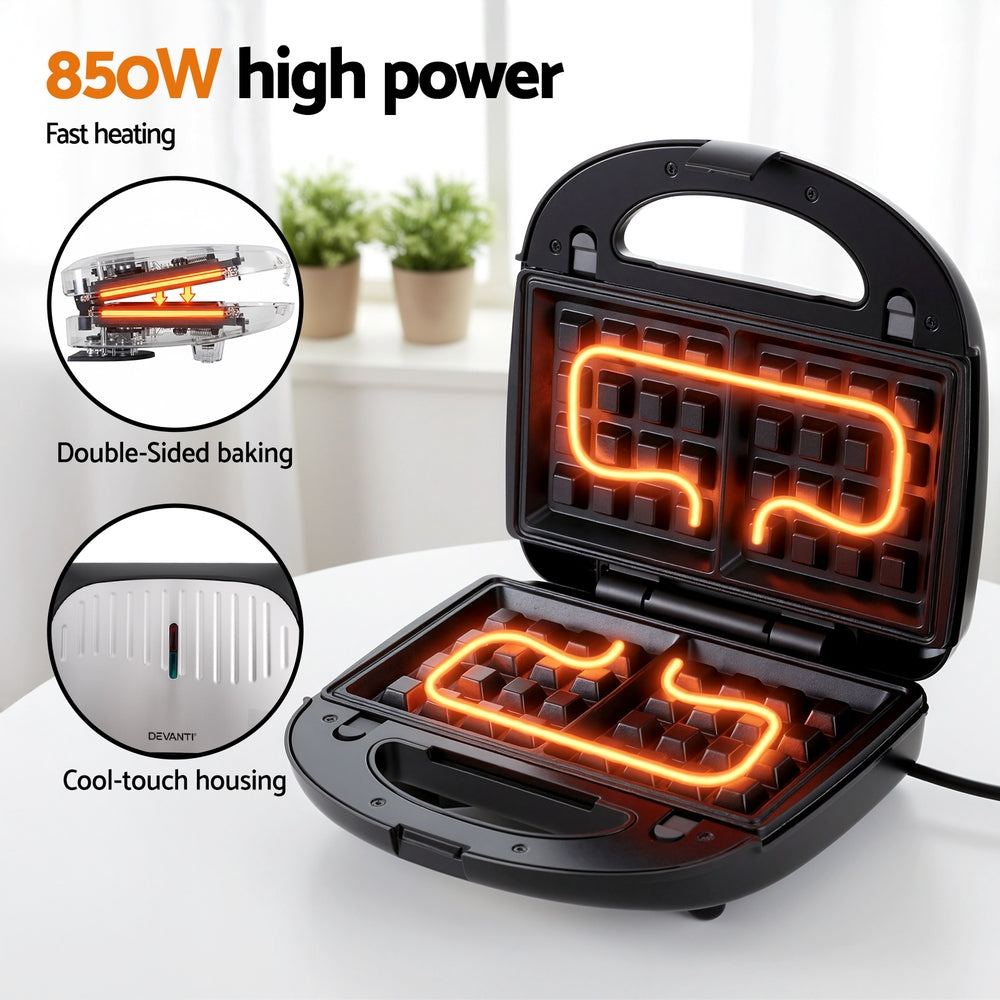 Devanti 3-in-1 Sandwich Press Waffle Maker Panini Press Grill 850W-4