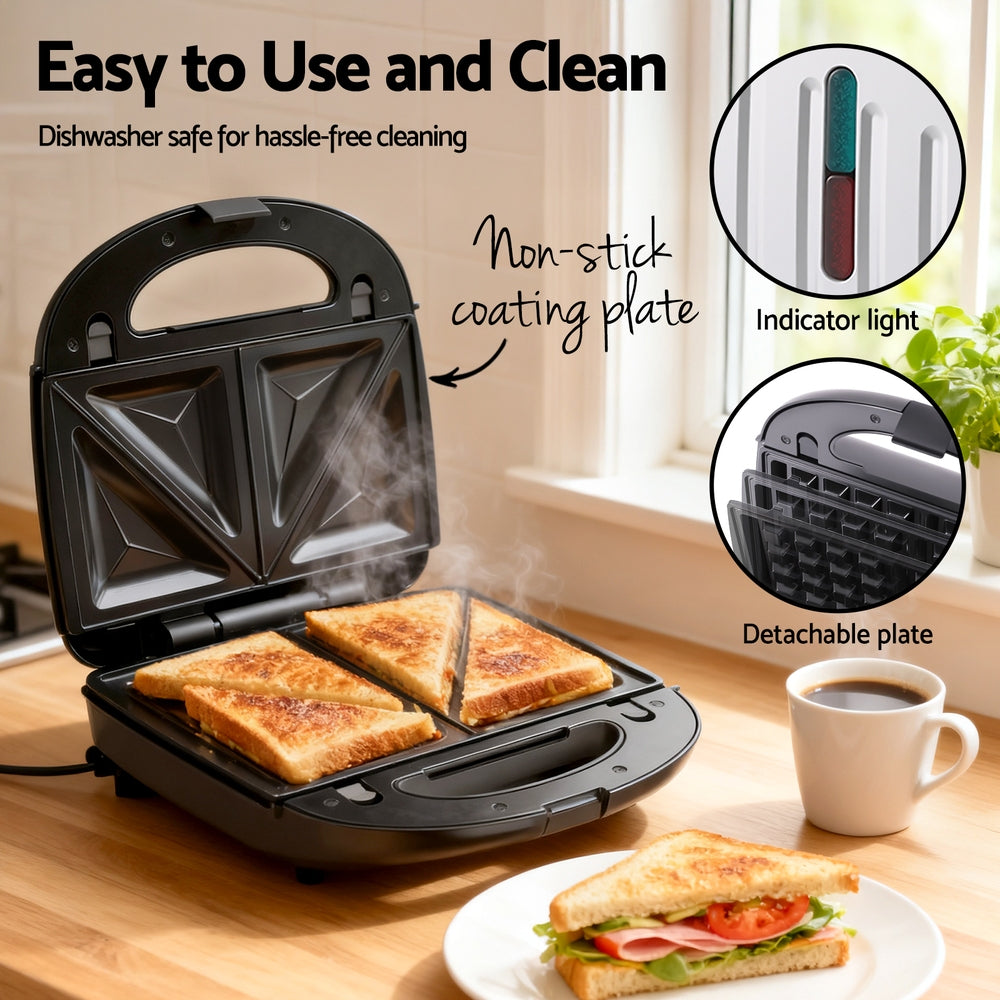 Devanti 3-in-1 Sandwich Press Waffle Maker Panini Press Grill 850W-5