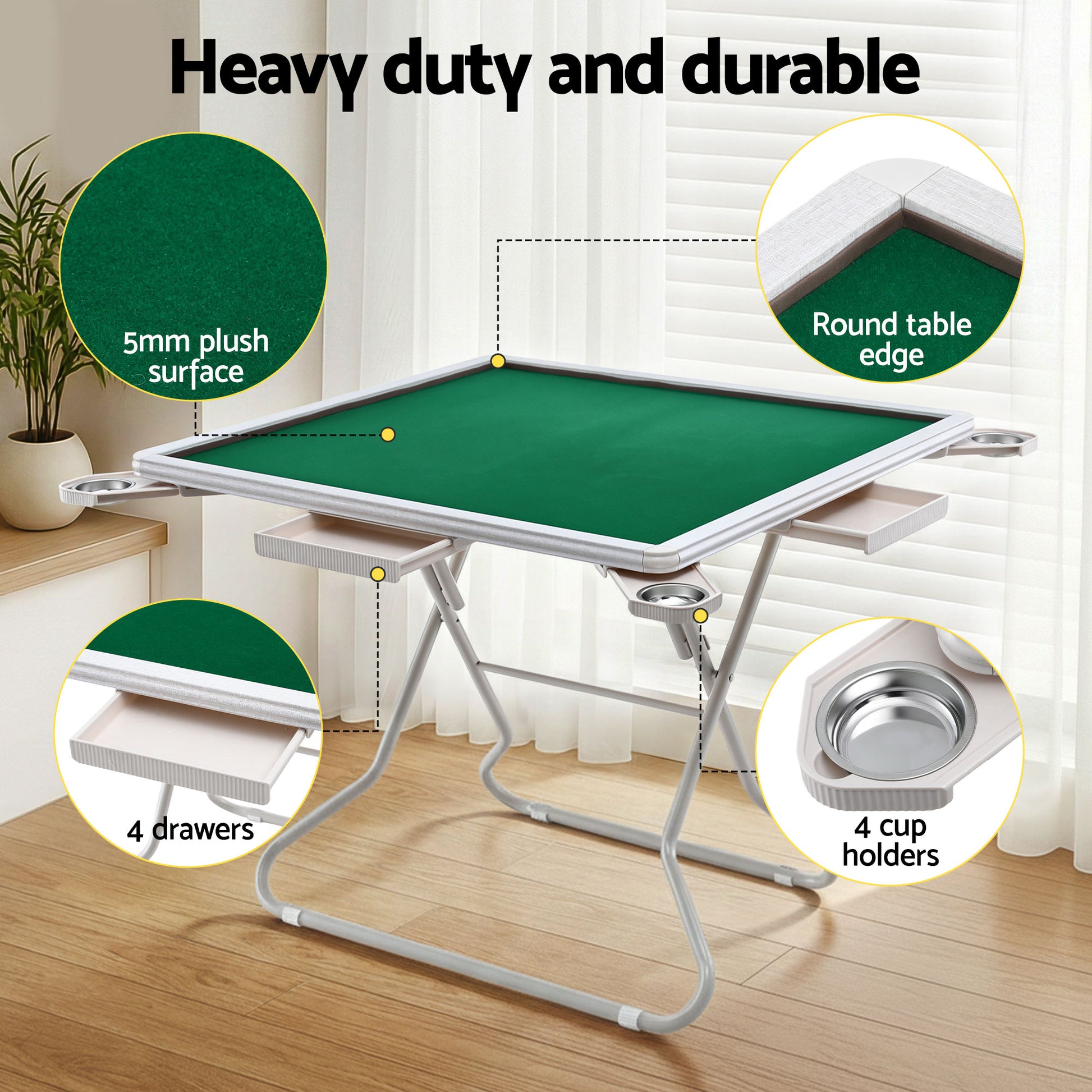 Folding Mahjong Table for Home with 4 Drawers and Cup Holders Green-3
