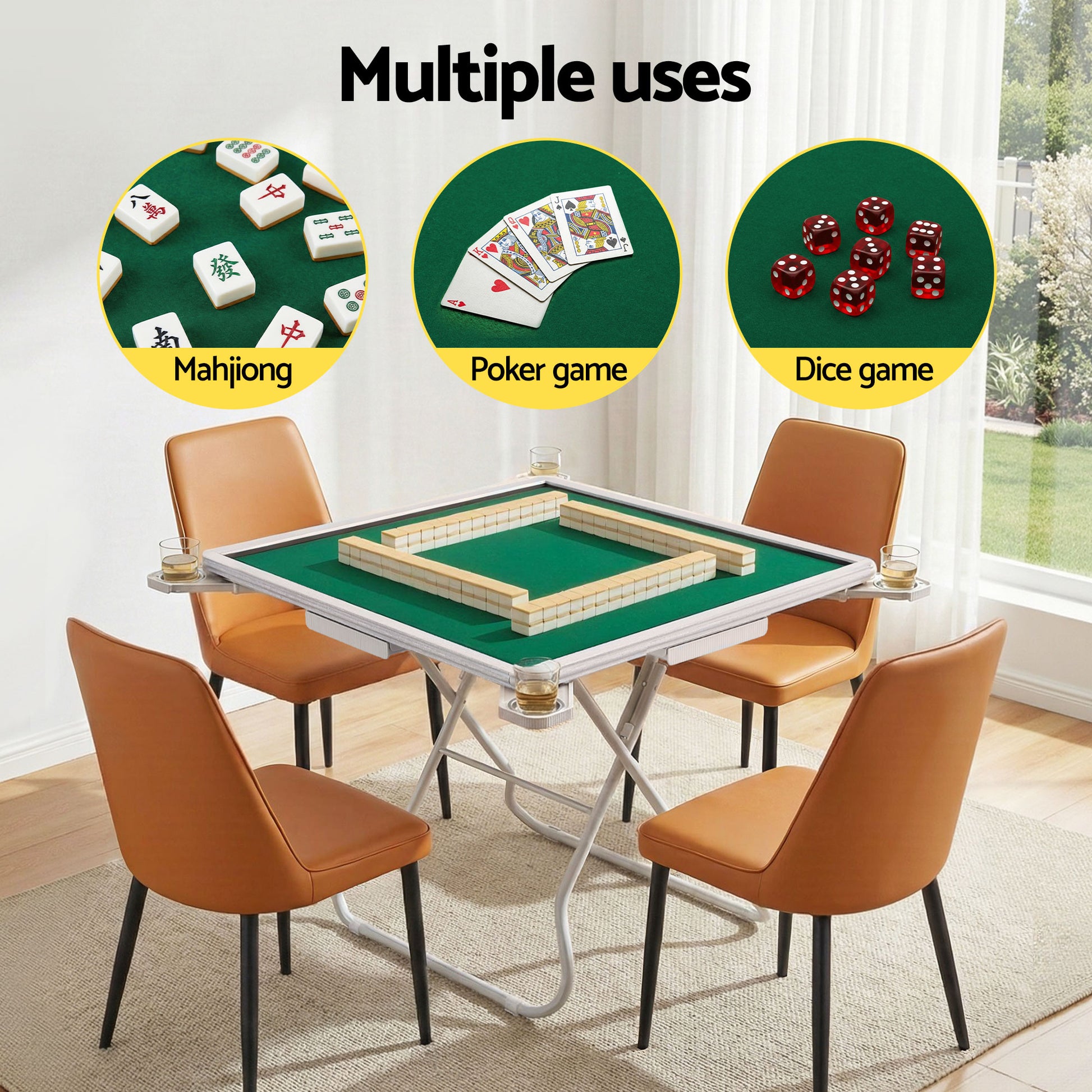Folding Mahjong Table for Home with 4 Drawers and Cup Holders Green-5