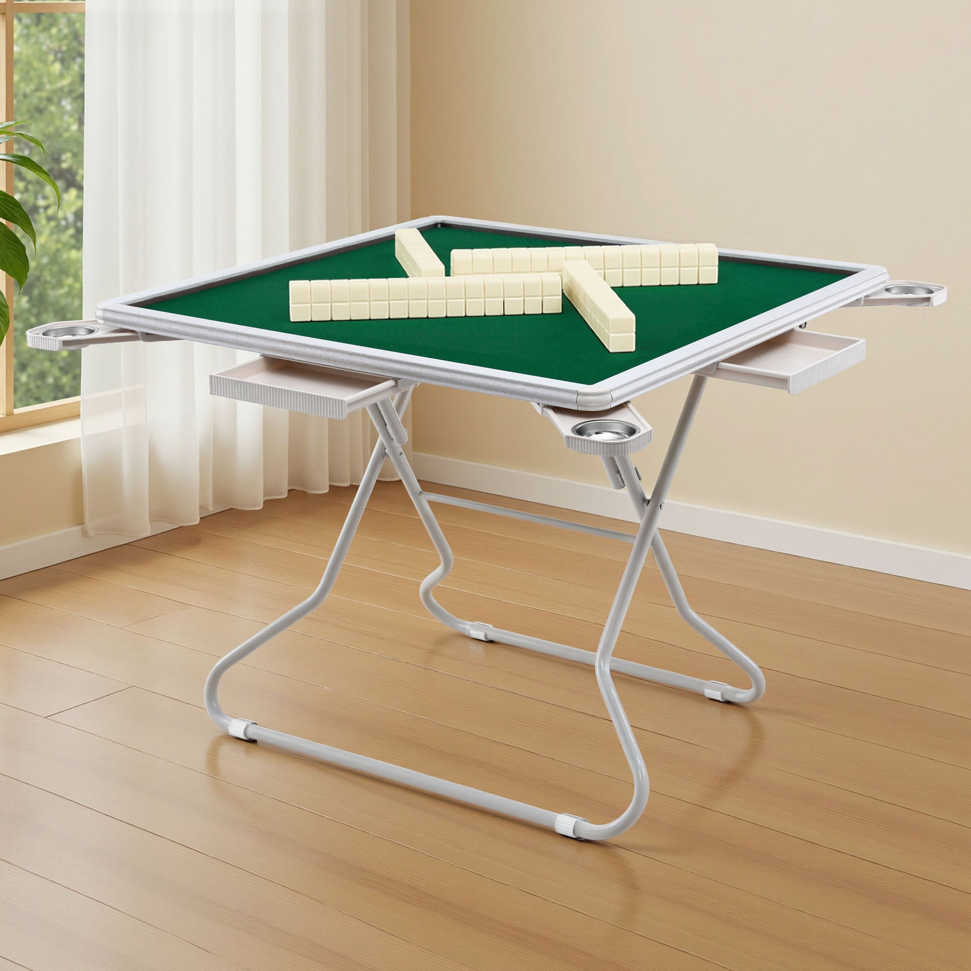 Folding Mahjong Table for Home with 4 Drawers and Cup Holders Green-6