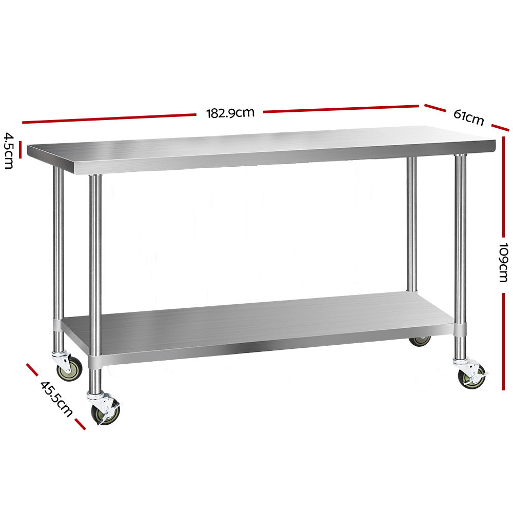 Cefito 1829x610mm Stainless Steel Kitchen Bench with Wheels 304-1