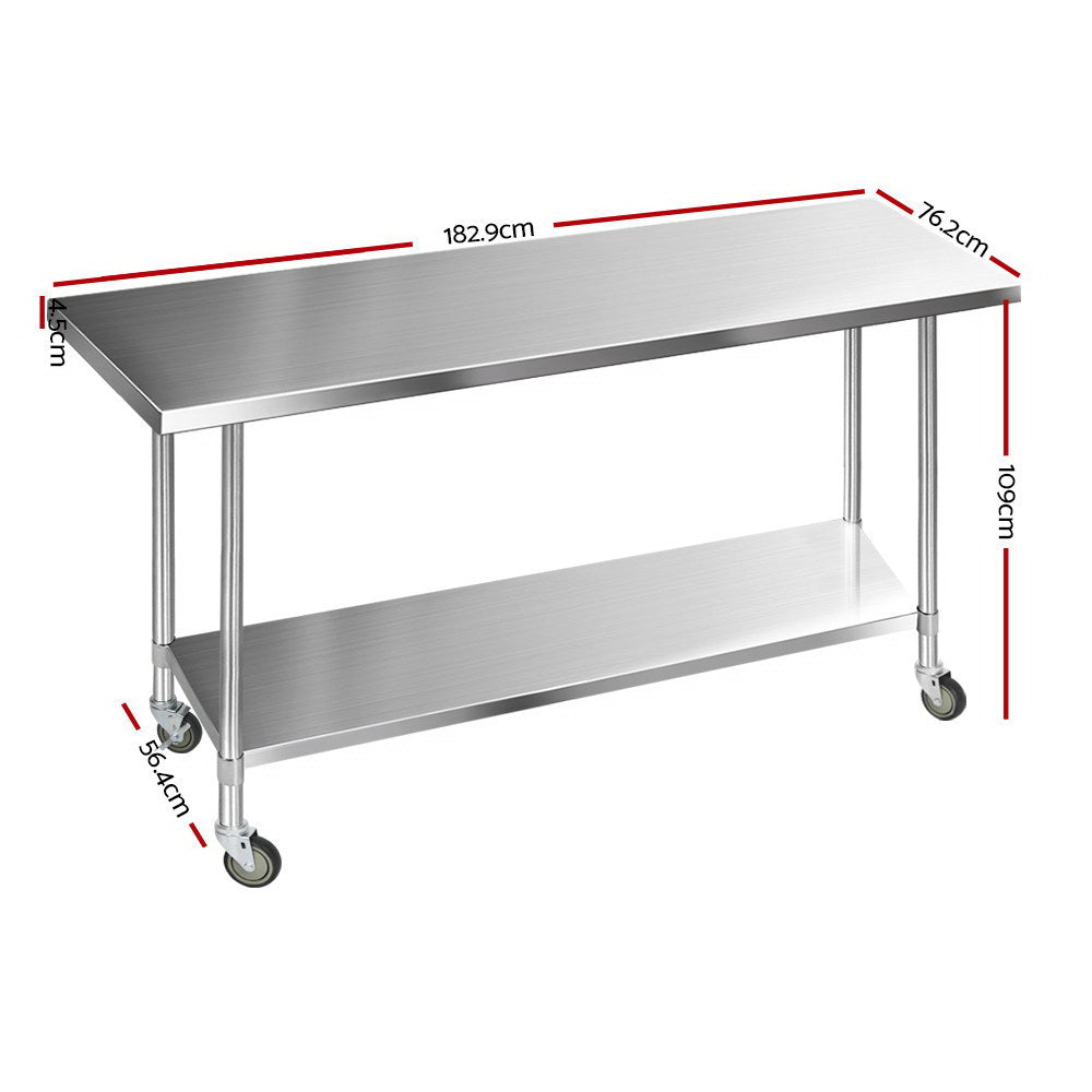 Cefito 1829x760mm Stainless Steel Kitchen Bench with Wheels 430-1