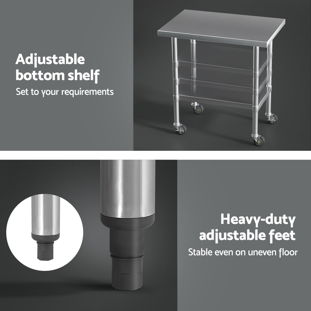 Cefito Stainless Steel Kitchen Benches Work Bench Wheels 91X61CM 430-4