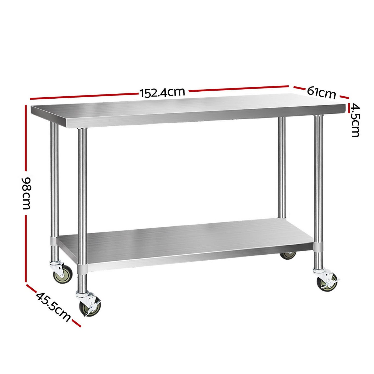 Cefito 1524x610mm Stainless Steel Kitchen Bench with Wheels 430-1