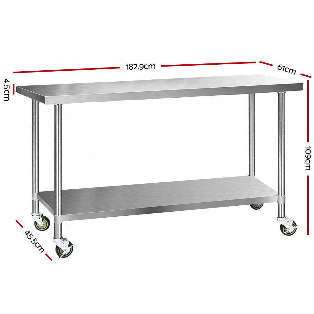 Cefito 1829x610mm Stainless Steel Kitchen Bench with Wheels 430-1