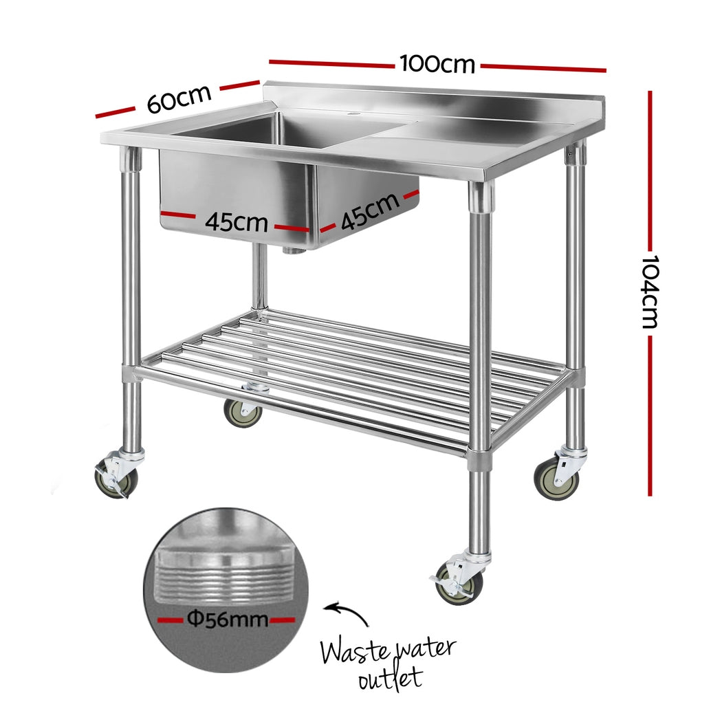 Cefito Stainless Steel Sink Bench Kitchen Work Benches Bowl Wheels 304-1