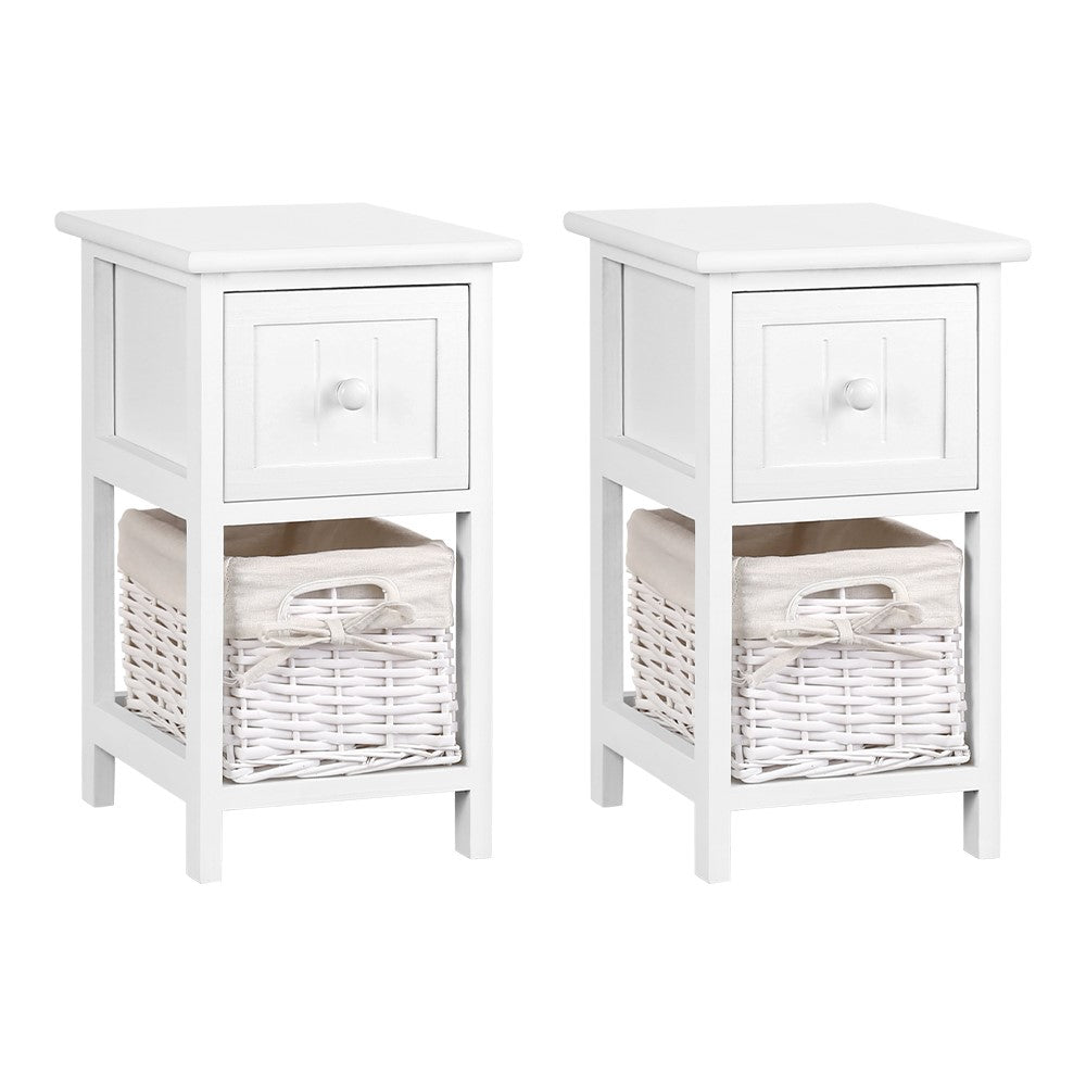 Artiss Bedside Table 1 Drawer with Basket Rustic White X2-0